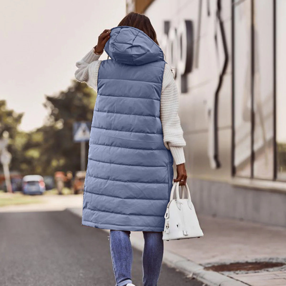 Women’s Long Hooded Puffer Vest – Quilted Cotton-Filled Sleeveless Winter Coat with Pockets