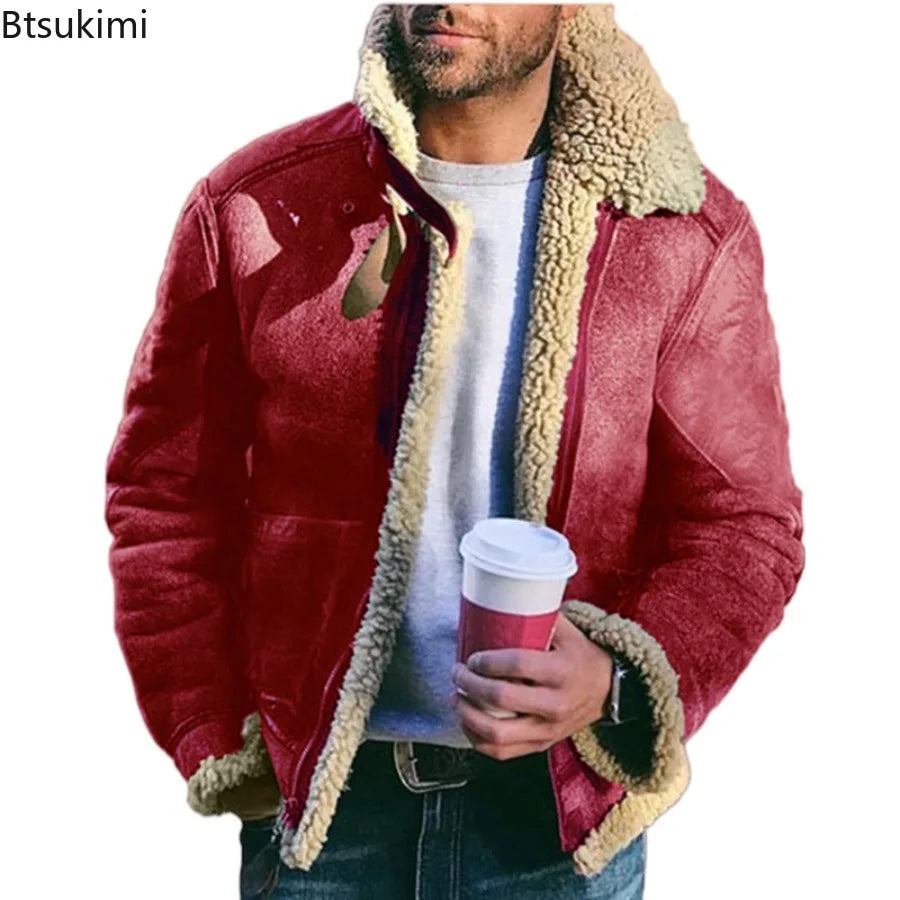 Men's Faux Leather Suede Fur-Lined Winter Jacket – Turn Down Collar Coat
