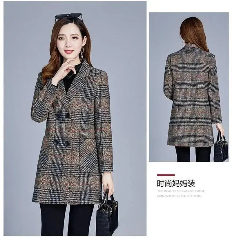 Women's plaid woolen overcoat by TrendLux Wear, showcasing classic plaid pattern and warm, stylish outerwear for cold weather.