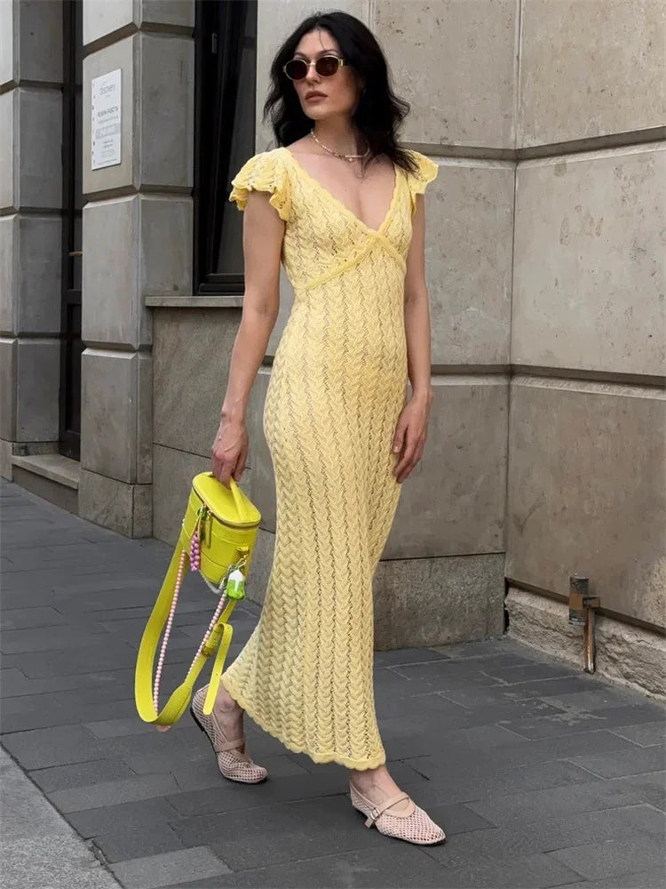Ruffled V-Neck Hollow-Out Knit Maxi Dress
