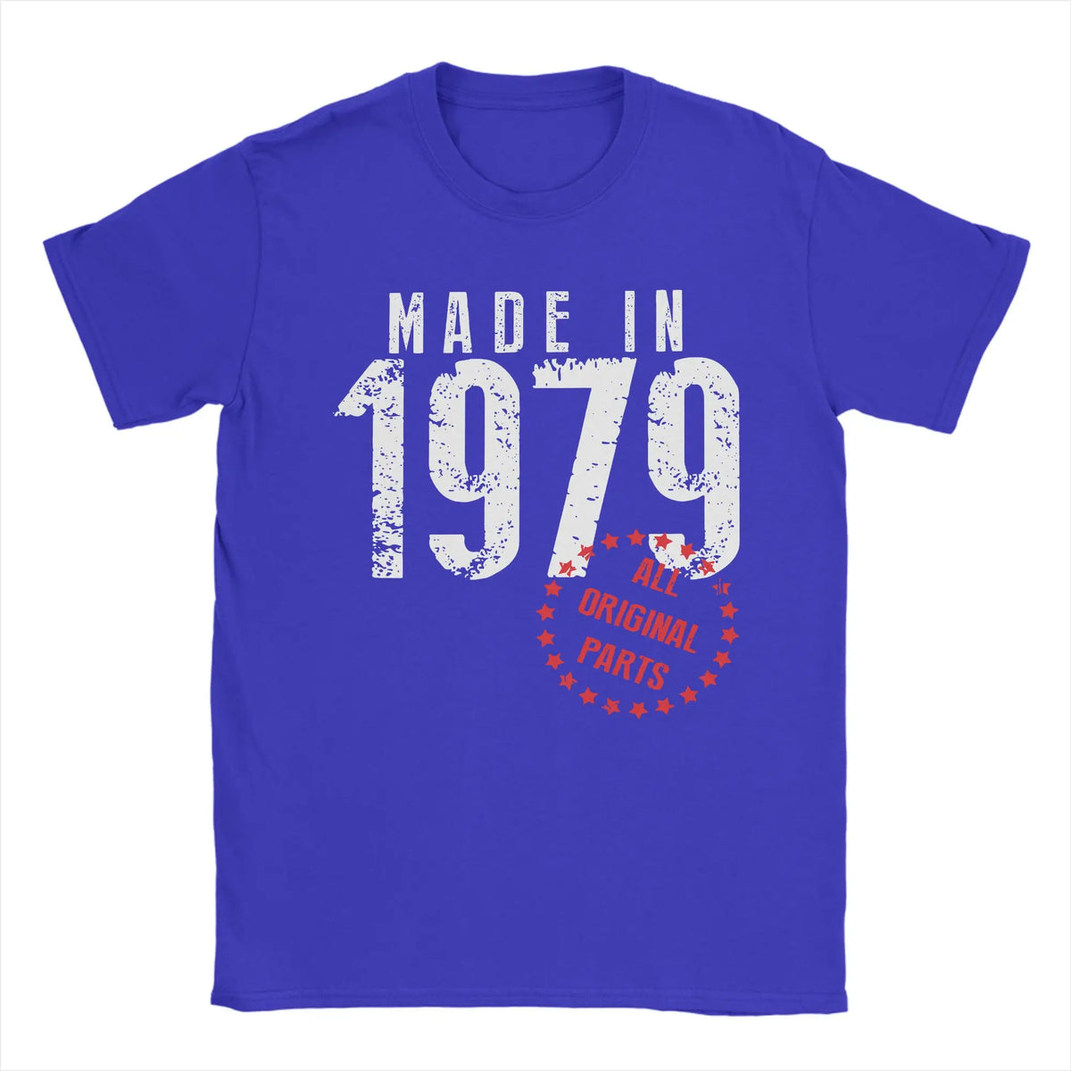 Men's vintage 1979 birthday T-shirt by TrendLux Wear, 100% cotton graphic tee in khaki, burgundy, or army green.