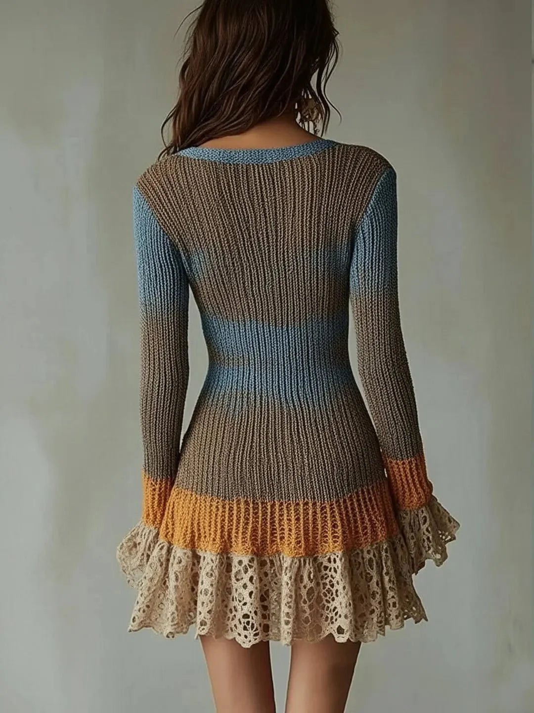 Women's knit mini dress by TrendLux Wear with flare sleeves, lace trim, V-neck, perfect for fall and winter styling.
