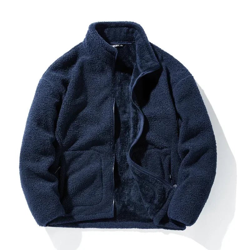 Men's loose fleece streetwear jacket with stand collar in plus sizes, stylish and cozy TrendLux Wear outerwear.