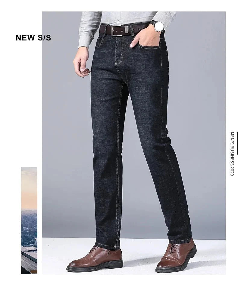 Men's slim fit black biker jeans by TrendLux Wear featuring a classic straight leg design, available in sizes 30 to 38.