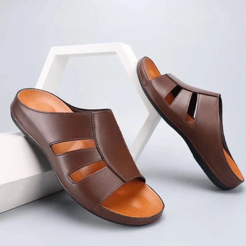 Men's luxury handmade leather peep-toe slippers by TrendLux Wear, casual beach slides in EU sizes 40-46 with stylish design.