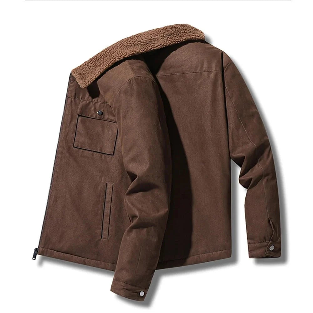 Men's suede workwear jacket by TrendLux Wear, fleece-lined, windproof, business casual coat with a rugged, stylish design.