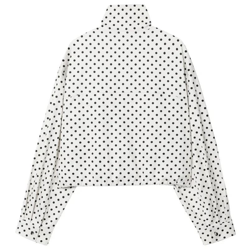 TrenLux Wear women's polka dot bomber jacket with oversized fit, long sleeves, zip-up front, and aviator-inspired style.