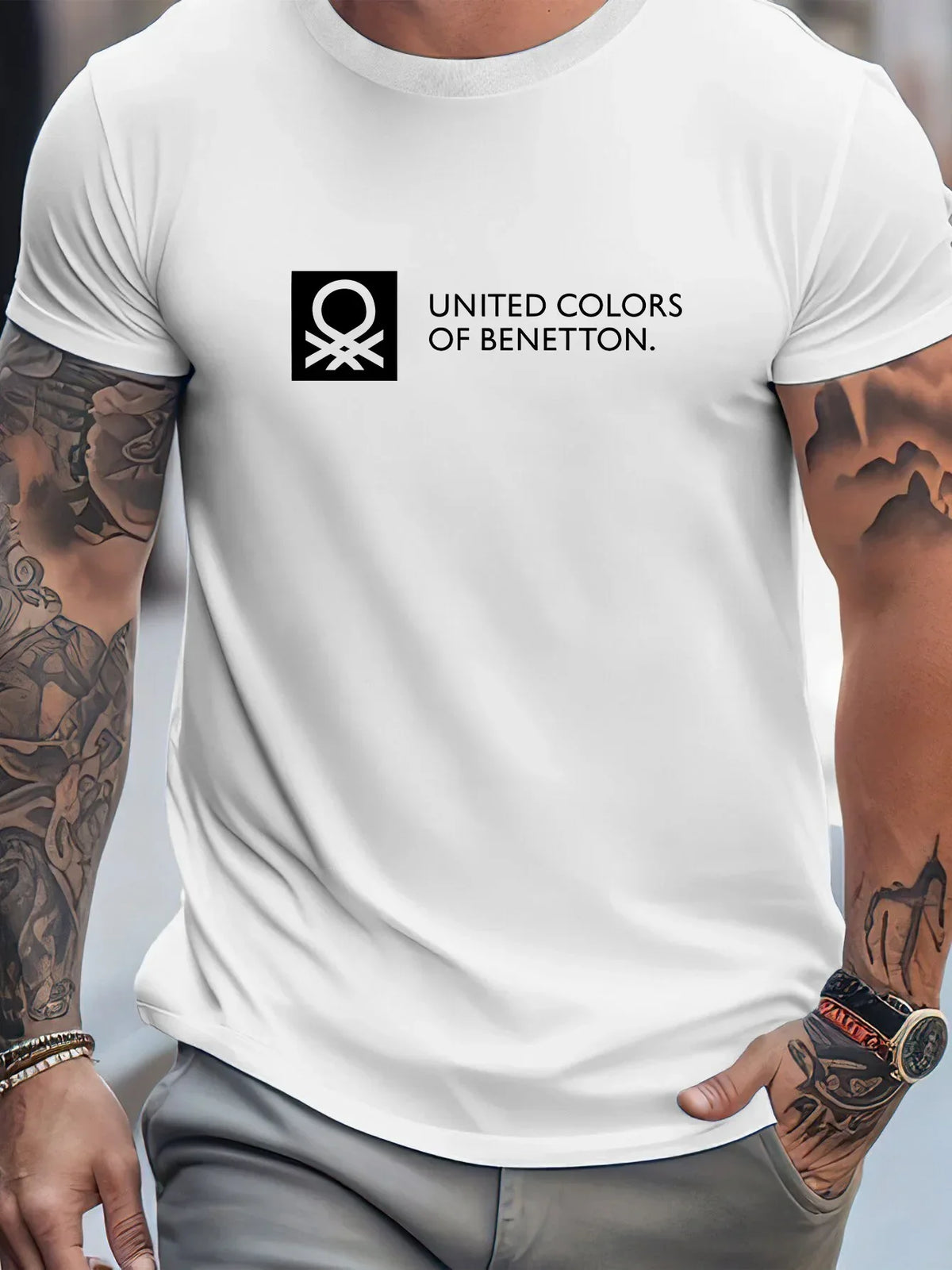 Men's navy and white quick-dry graphic T-shirt by TrendLux Wear, breathable polyester crewneck tee, available in sizes S to XXL.