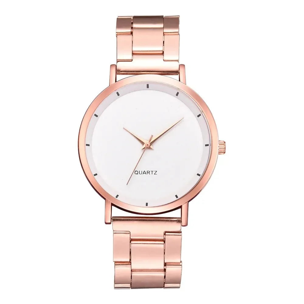 Women's rose gold stainless steel watch by TrendLux Wear with a sleek round face and minimalist design.