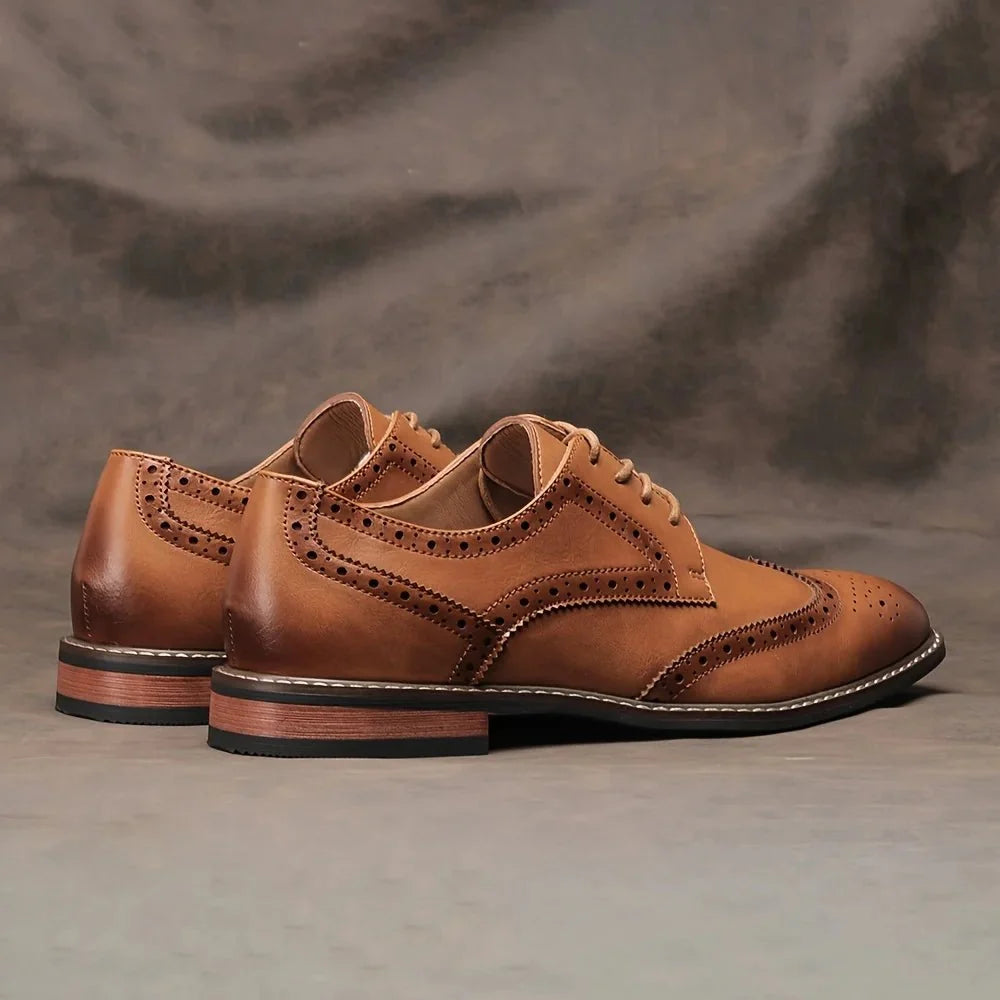 Men's lace-up brogue dress shoes by TrendLux Wear, formal leather oxfords in black and brown with decorative perforations.