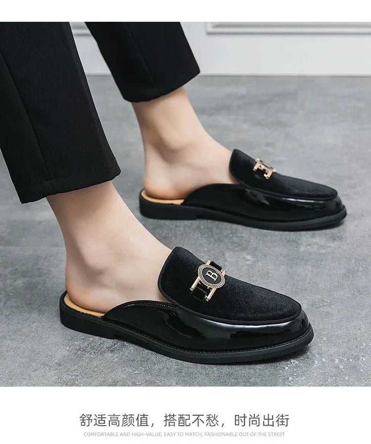 Men's black faux suede slip-on mules by TrendLux Wear, casual loafers with breathable design, available in EU sizes 35–47.