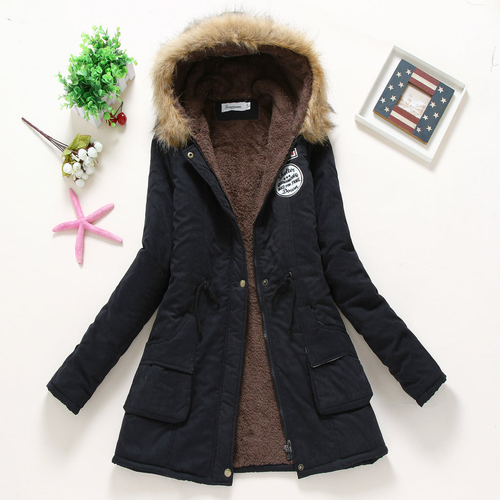 Women’s Military Hooded Puffer Parka – Cotton-Filled Fur-Trimmed Winter Coat