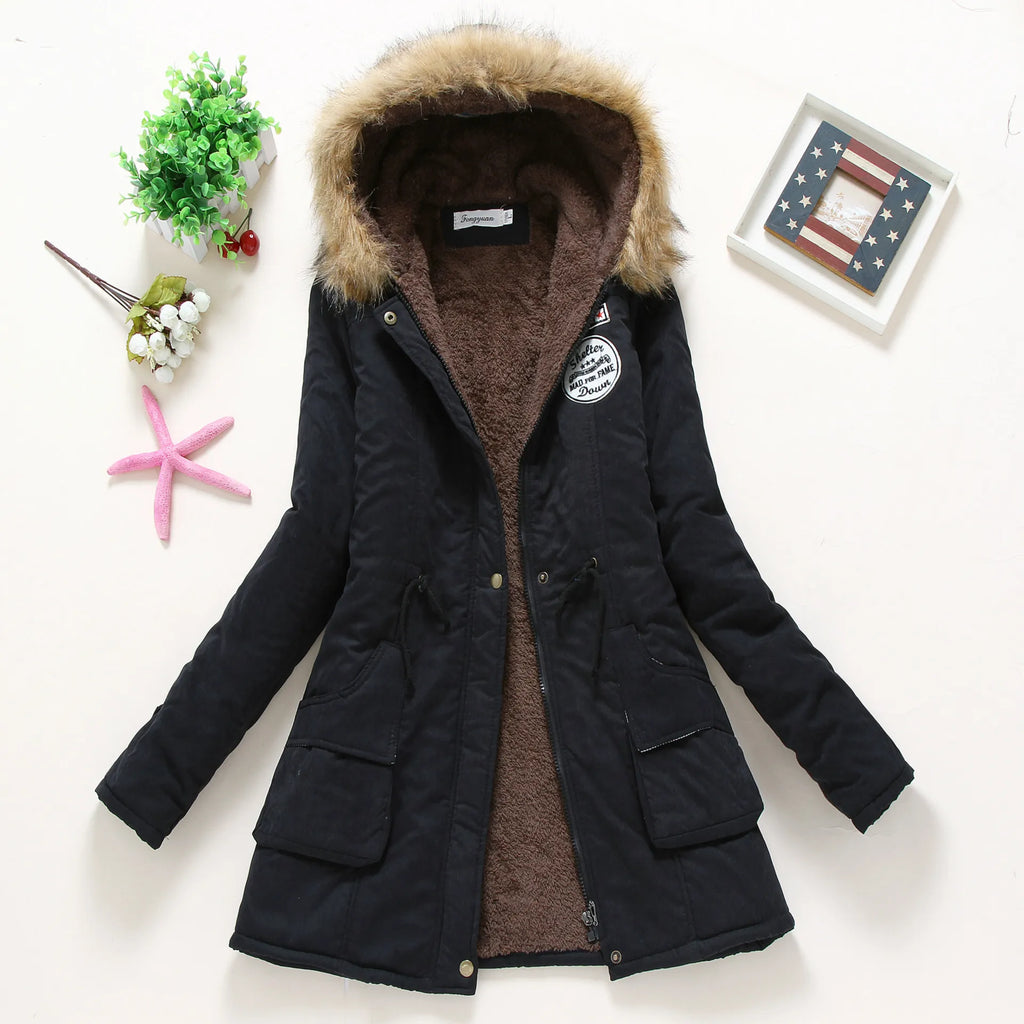 Women’s Military Hooded Puffer Parka – Cotton-Filled Fur-Trimmed Winter Coat