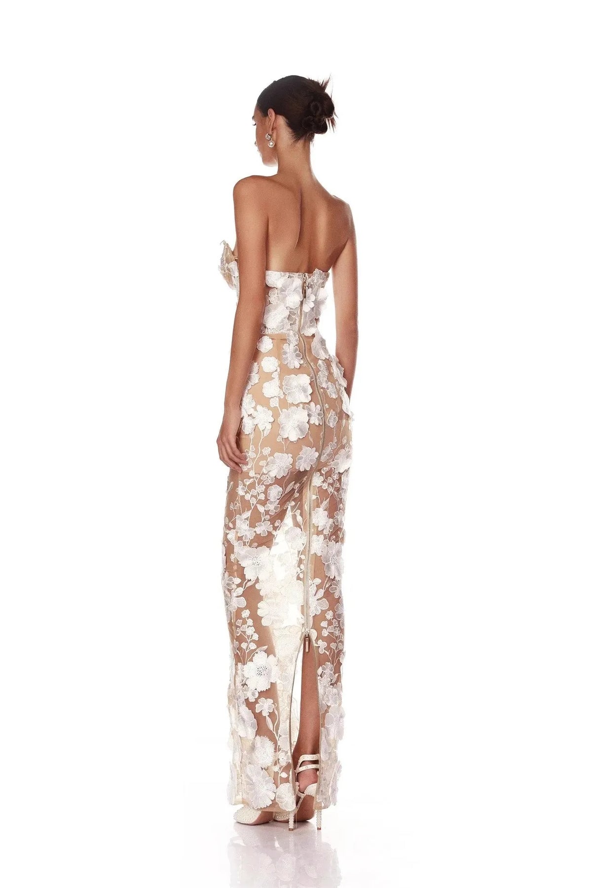 Floral Appliqué Strapless Sweetheart Evening Gown - TrendLux Wear