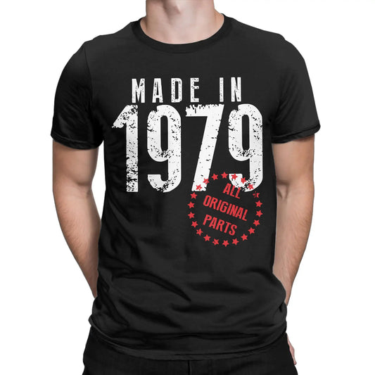 Men's vintage 1979 birthday T-shirt by TrendLux Wear in khaki, burgundy, or army green, 100% cotton graphic tee, sizes S–6XL.