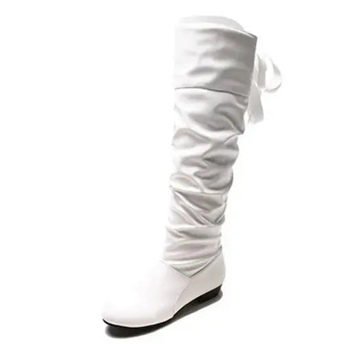 TrenLux Wear Women's Pleated Lace-Up Knee-High Boots — Low Heel, Black, White & Red, Sizes 35–43 TrenLux Wear