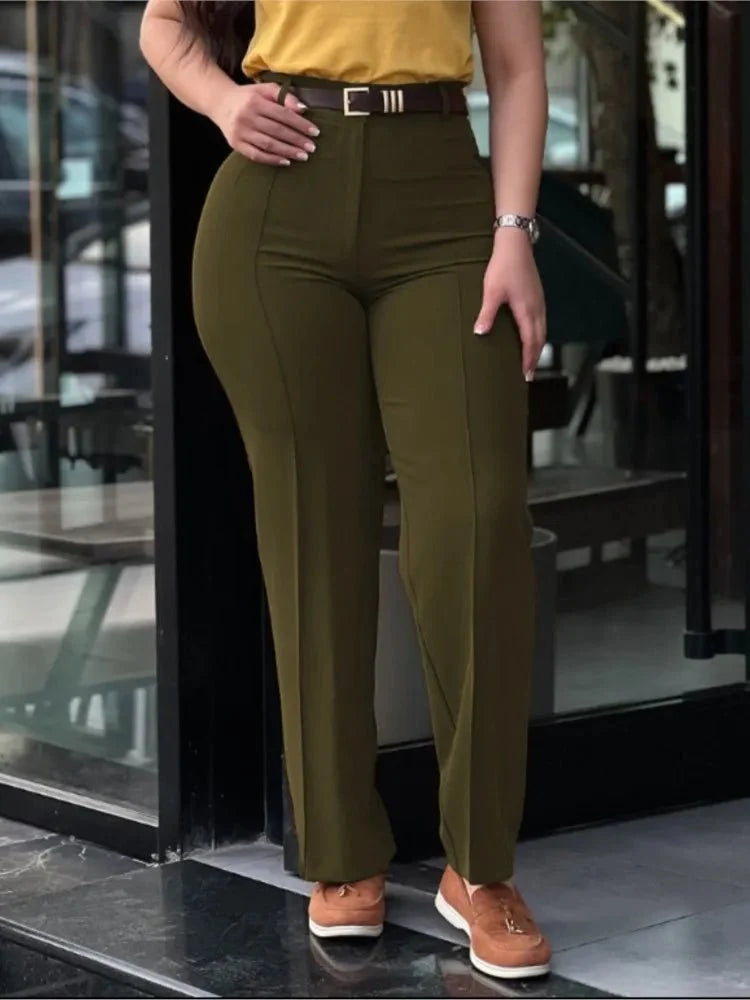Women's high waist straight leg work pants by TrendLux Wear, featuring a slim fit and elegant design, shown in a neutral color.