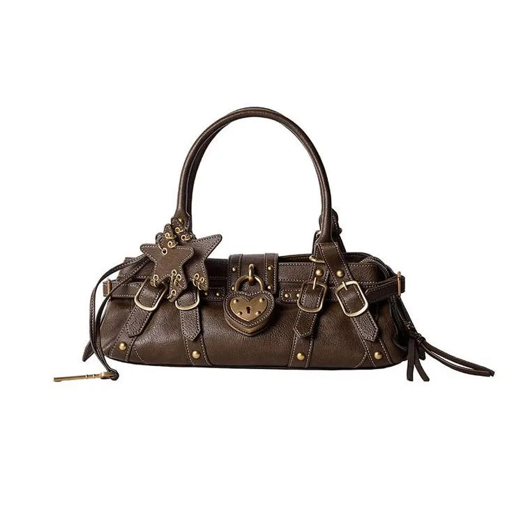 Brown microfiber synthetic leather handbag with rivet detailing, heart-shaped lock, and a single shoulder strap.