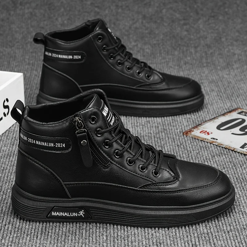 Men's high-top sneakers by TrendLux Wear with breathable mesh, lace-up design, side zipper, in white and black color.
