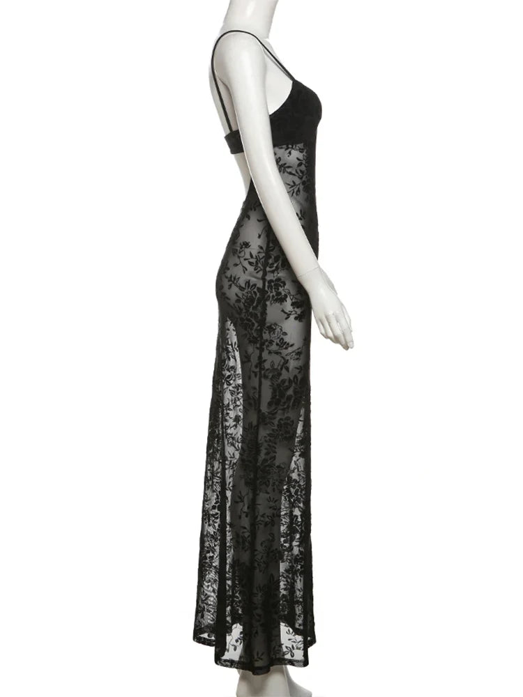 Black Sheer Floral Backless Maxi Dress