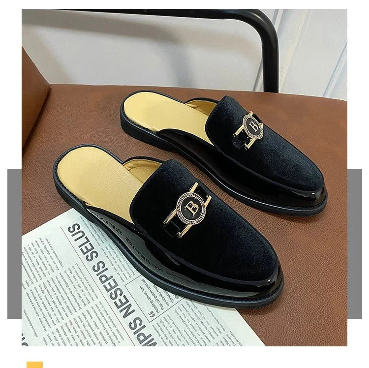 Men's black faux suede slip-on mules by TrendLux Wear, breathable summer loafers with casual style in EU sizes 35-47.