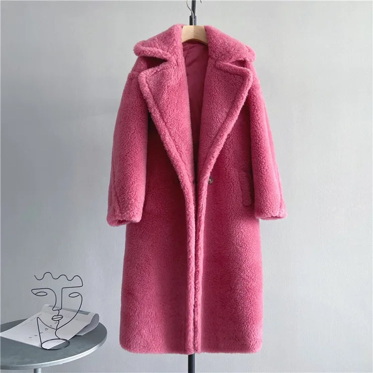 Winter Jacket Women Long Coat  Wool Woven Fabric Thick Warm Outerwear Oversize Fashion Streetwear Teddy Bear Coats