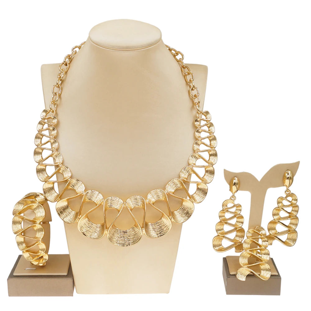 Women's Gold Plated Wavy Pendant Necklace & Earrings Set. TrenLux Wear