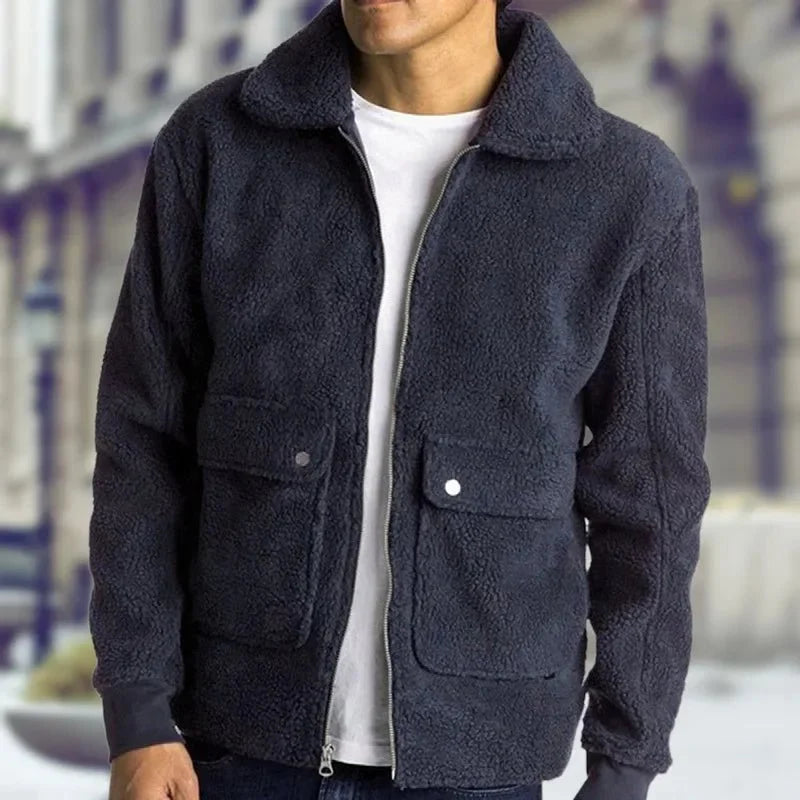 Men's double pocket Sherpa zip-up jacket by TrendLux Wear, featuring a cozy outdoor coat with a stylish streetwear design.