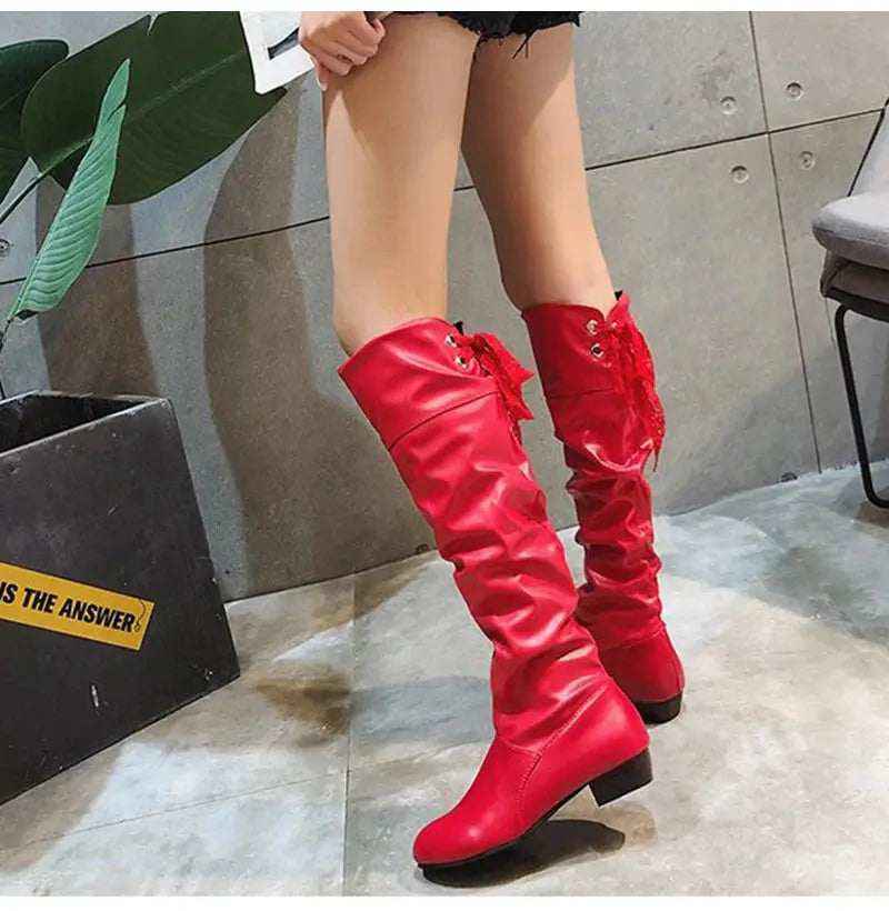 TrenLux Wear Women's Pleated Lace-Up Knee-High Boots — Low Heel, Black, White & Red, Sizes 35–43 TrenLux Wear