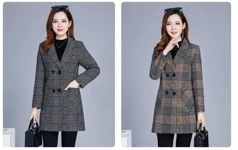 Women's plaid woolen overcoat by TrendLux Wear, classic outerwear with a stylish plaid pattern and cozy wool fabric.