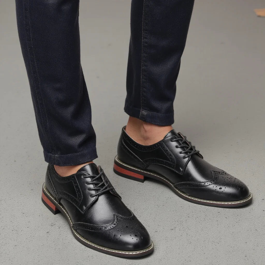 Men's black leather lace-up brogue dress shoes by TrendLux Wear, stylish formal business Oxfords with detailed brogue pattern.