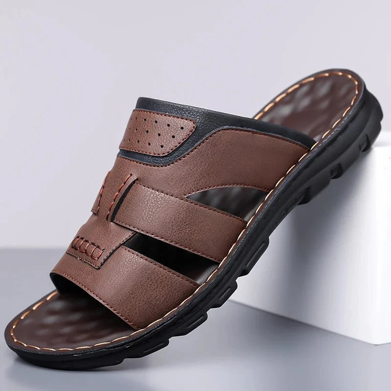 Men's handmade leather half-drag slippers by TrendLux Wear, lightweight outdoor slides in EU sizes 38-58, showing brown leather straps.