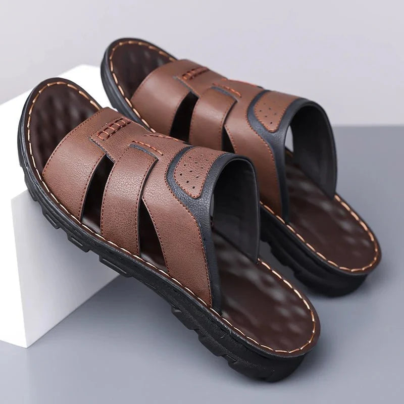 Men's handmade leather half-drag slippers by TrendLux Wear, lightweight outdoor slides in EU sizes 38 to 58, shown in black leather.