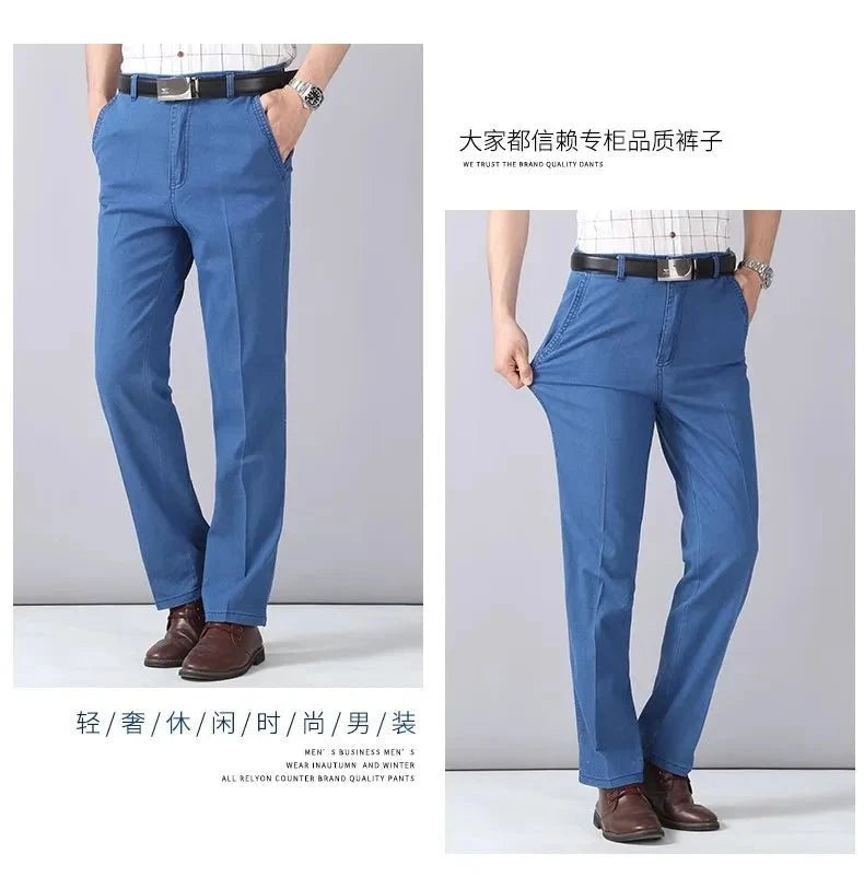 Men's high-waist straight leg cargo jeans by TrendLux Wear with elastic waistband, ideal for spring and summer casual wear.