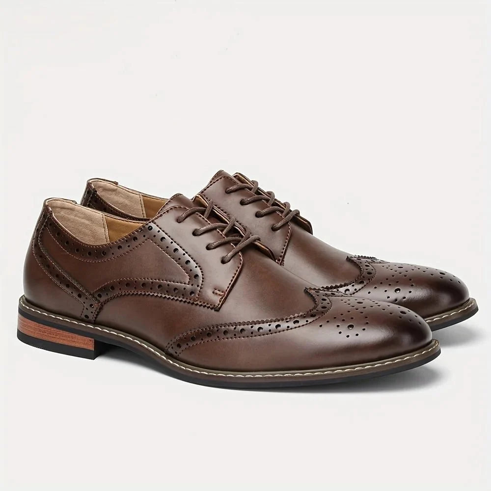 Men's black and brown leather lace-up brogue dress shoes by TrendLux Wear, formal business oxford footwear with detailed perforations.
