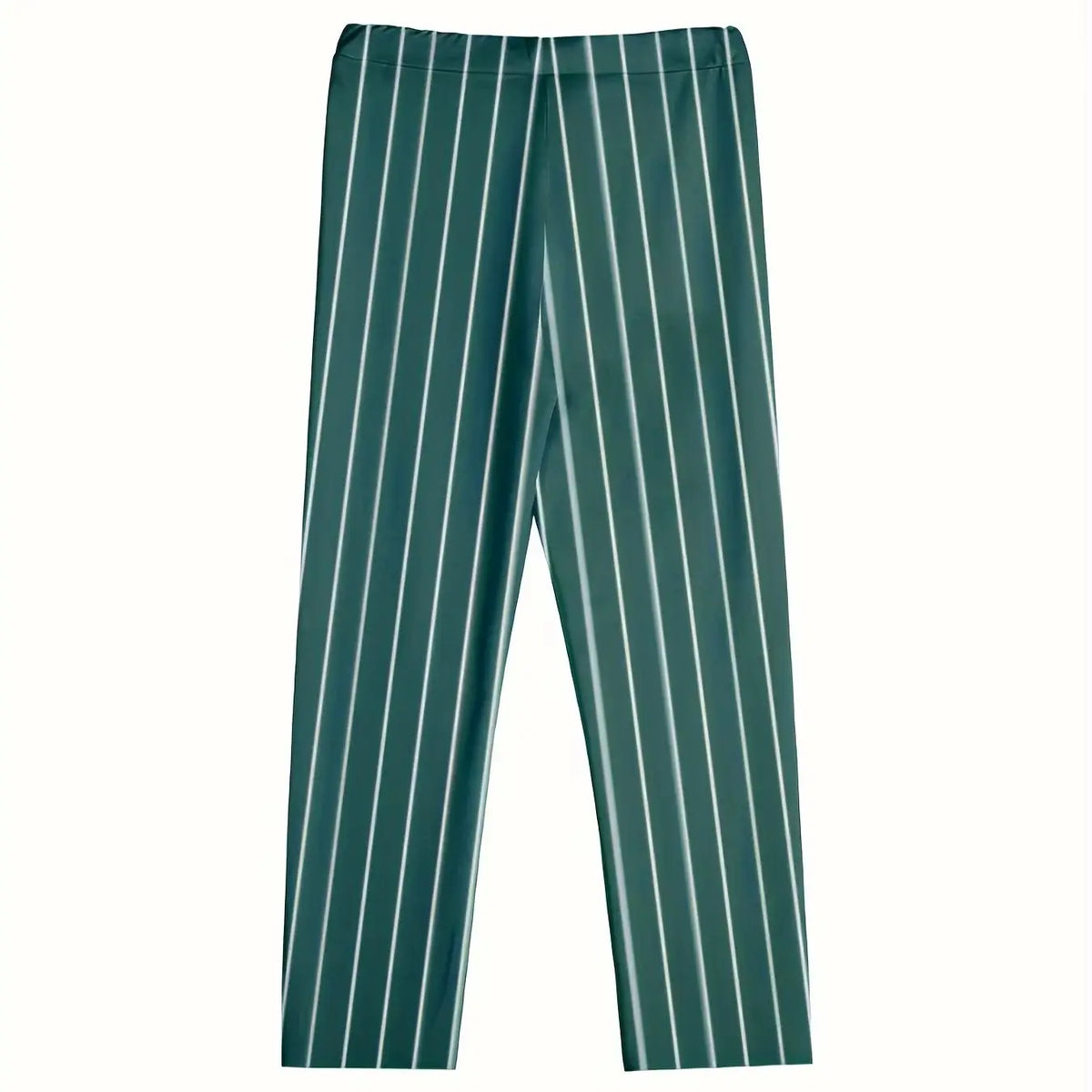 Slim-fit men's straight-leg trousers in dark teal with vertical white stripes, featuring a flat front and button fly.