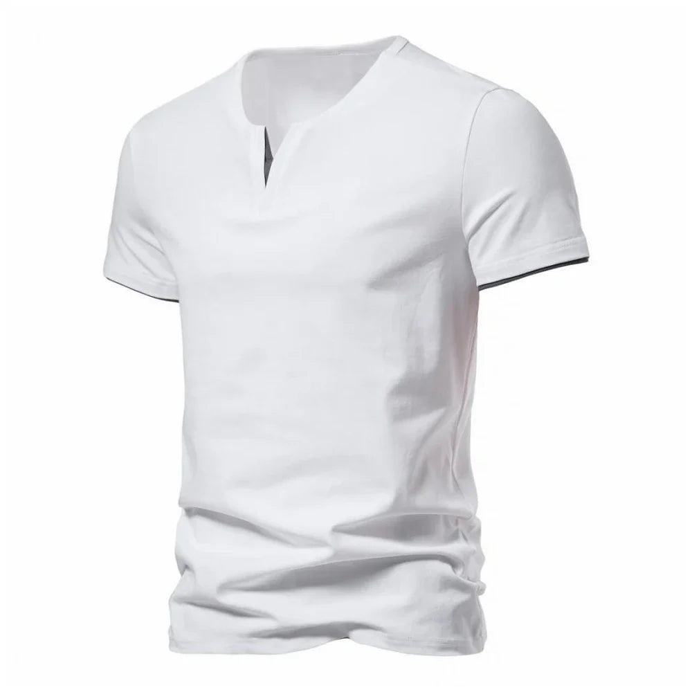Men's slim fit Henley T-shirt by TrendLux Wear in black, white, and grey, featuring moisture-wicking and breathable fabric.