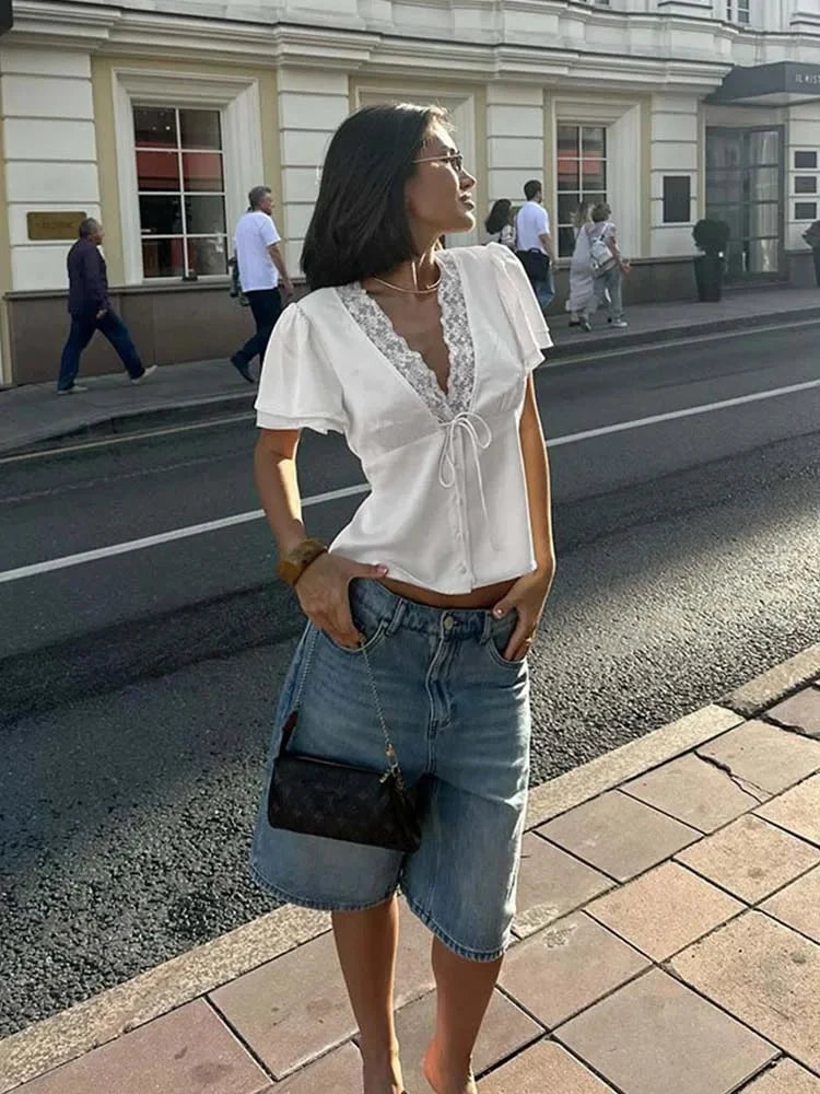 Women’s satin V-neck lace top with short sleeves from TrenLux Wear, slim fit streetwear tee perfect for summer fashion.