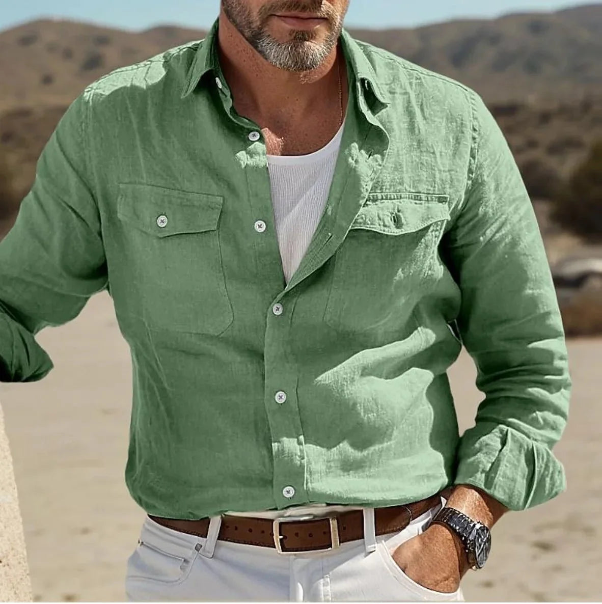 Men's casual linen and denim shirt by My Store 5, button-up style for business casual, available in sizes S to 3XL.