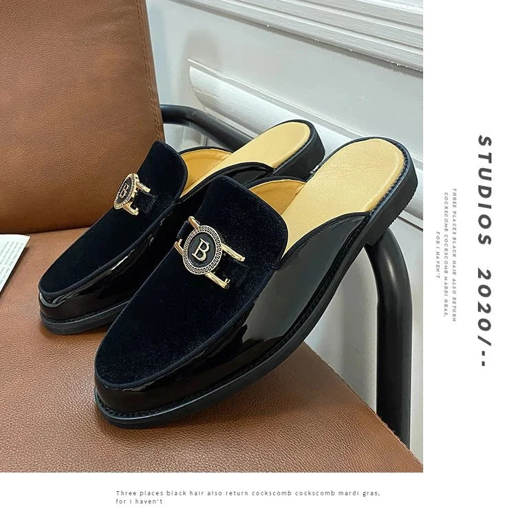 Men's black faux suede slip-on mules by TrendLux Wear, breathable summer casual loafers in EU sizes 35 to 47.