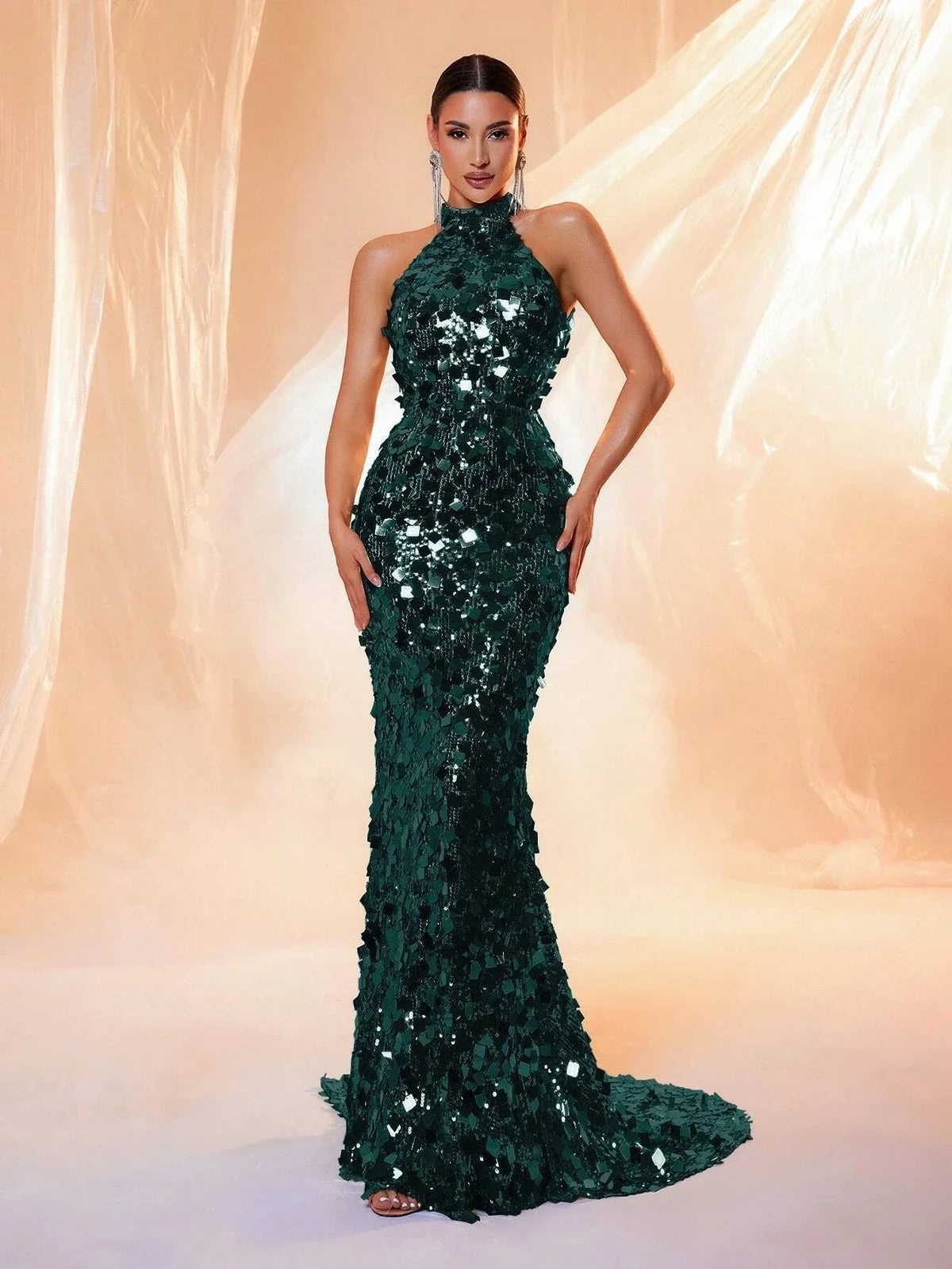 Brown Sequin Halter Backless Maxi Evening Dress - TrendLux Wear