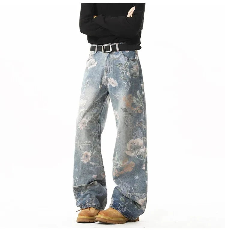 Men's retro floral print jeans by TrendLux Wear featuring loose wide-leg denim and casual style, ideal for hip-hop fashion.
