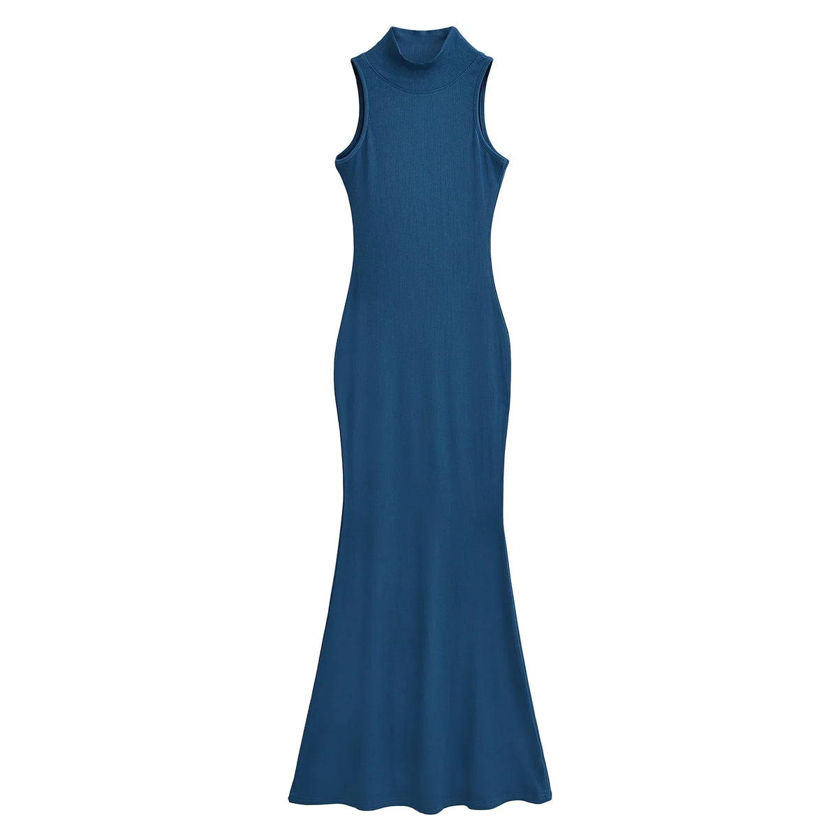 Women's knit turtleneck bodycon ankle-length maxi dress by The Glow Sanctuary, showcasing a fitted, cozy knit dress with a turtleneck collar.