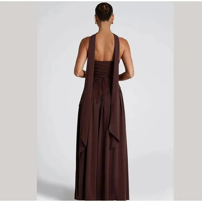 Women's Strapless Backless Maxi Dress with Ribbon Scarf - TrendLux Wear
