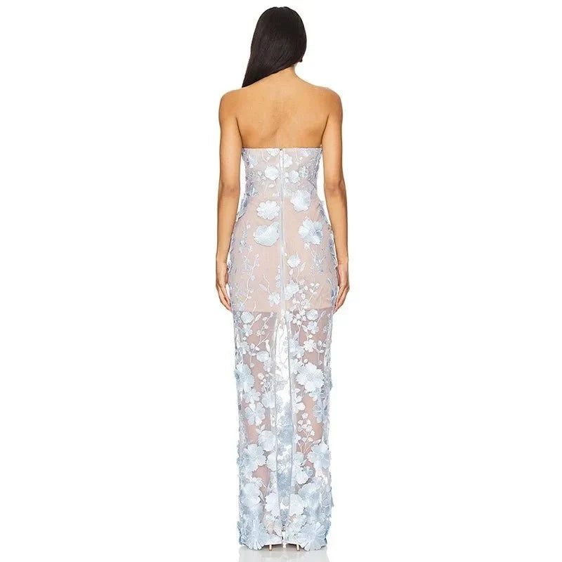 Floral Appliqué Strapless Sweetheart Evening Gown - TrendLux Wear