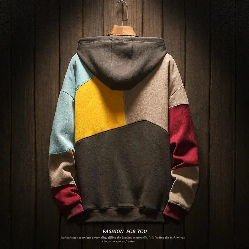 Men's patchwork velvet punk hoodie by TrendLux Wear, loose fit streetwear hoodie with vibrant patchwork design and casual style.