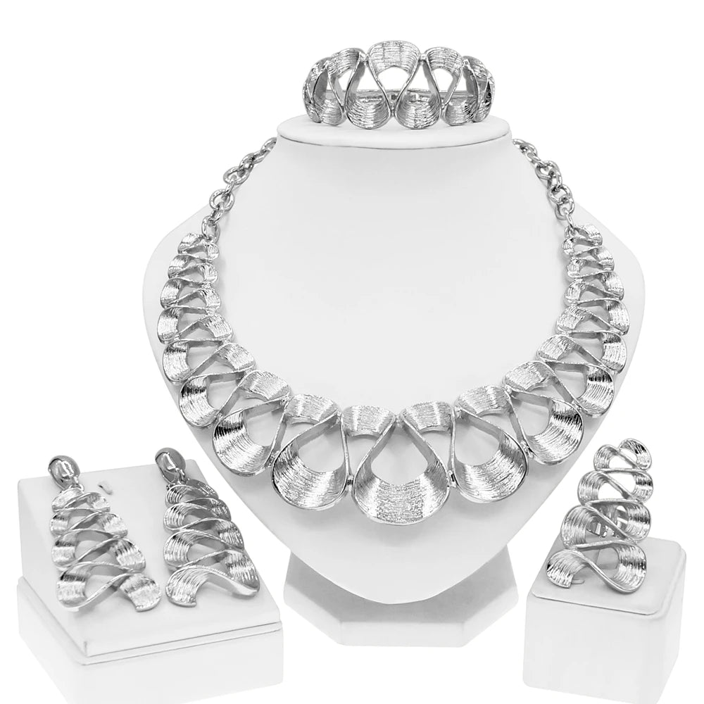 Women's Gold Plated Wavy Pendant Necklace & Earrings Set. TrenLux Wear