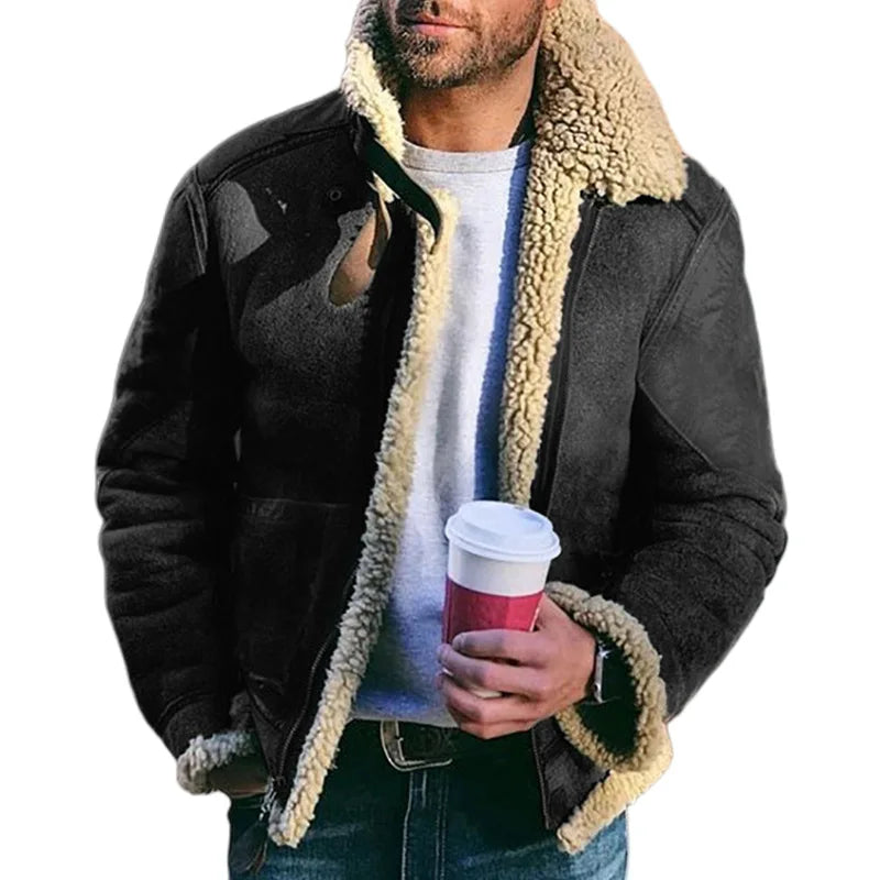 Men's Faux Leather Suede Fur-Lined Winter Jacket – Turn Down Collar Coat