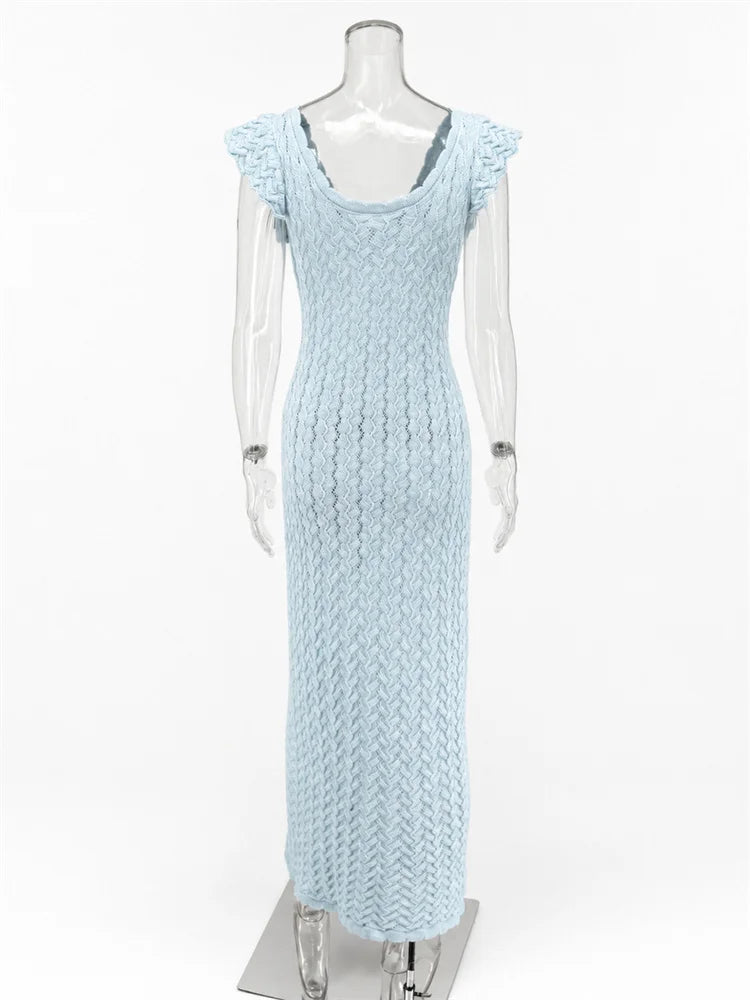 Ruffled V-Neck Hollow-Out Knit Maxi Dress