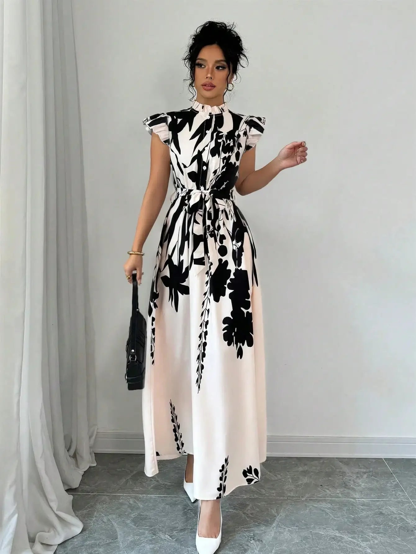 TrenLux Wear Women's Polyester Black & White Patchwork Sash Ball Gown Dress The Glow Sanctuary